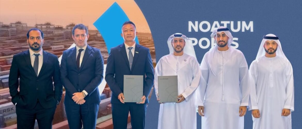 Six professionals pose with document folders at a signing ceremony, NOATUM SPORTS backdrop behind them.