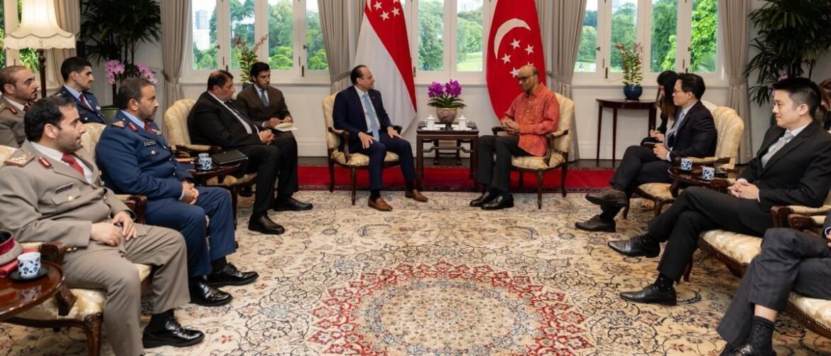 Diplomatic meeting with officials seated in a formal lounge, Singapore and Turkish flags in the background.