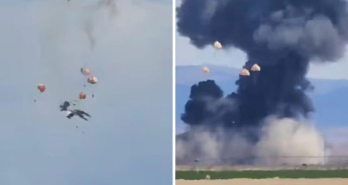 Split image: left side shows paratroopers descending with orange parachutes; right side a tall black smoke plume rising from an explosion near the ground.