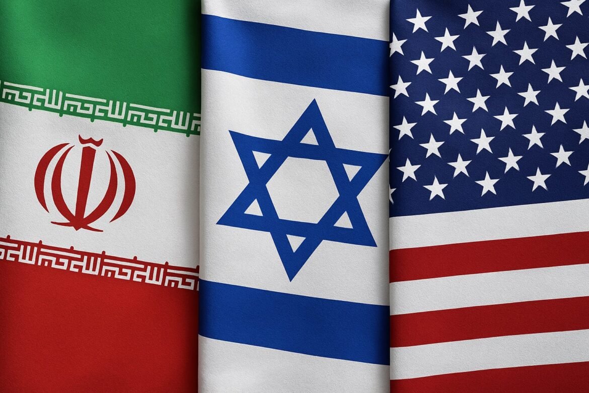 Three national flags shown side by side: Iran (left), Israel (center), United States (right).