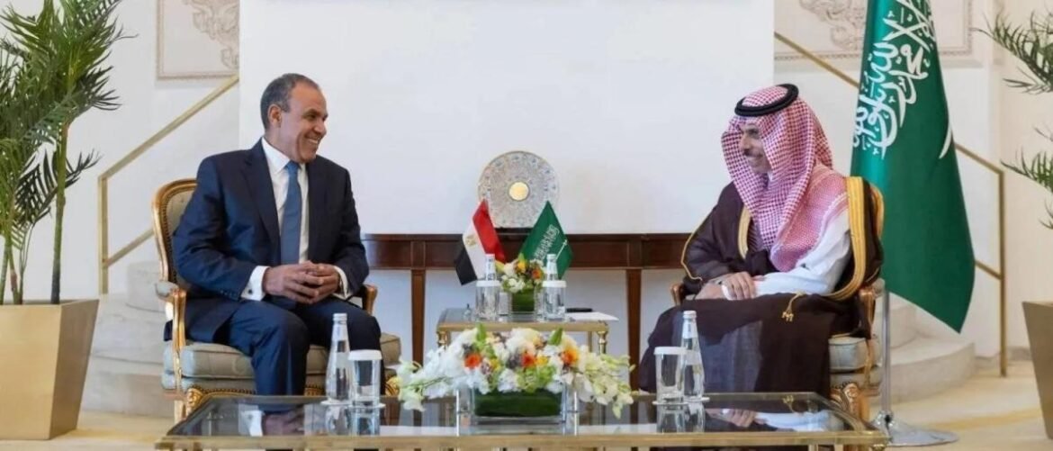 Diplomatic meeting between two officials: a man in a suit and a man in traditional Saudi attire, smiling while seated with UAE and Saudi flags in the background.