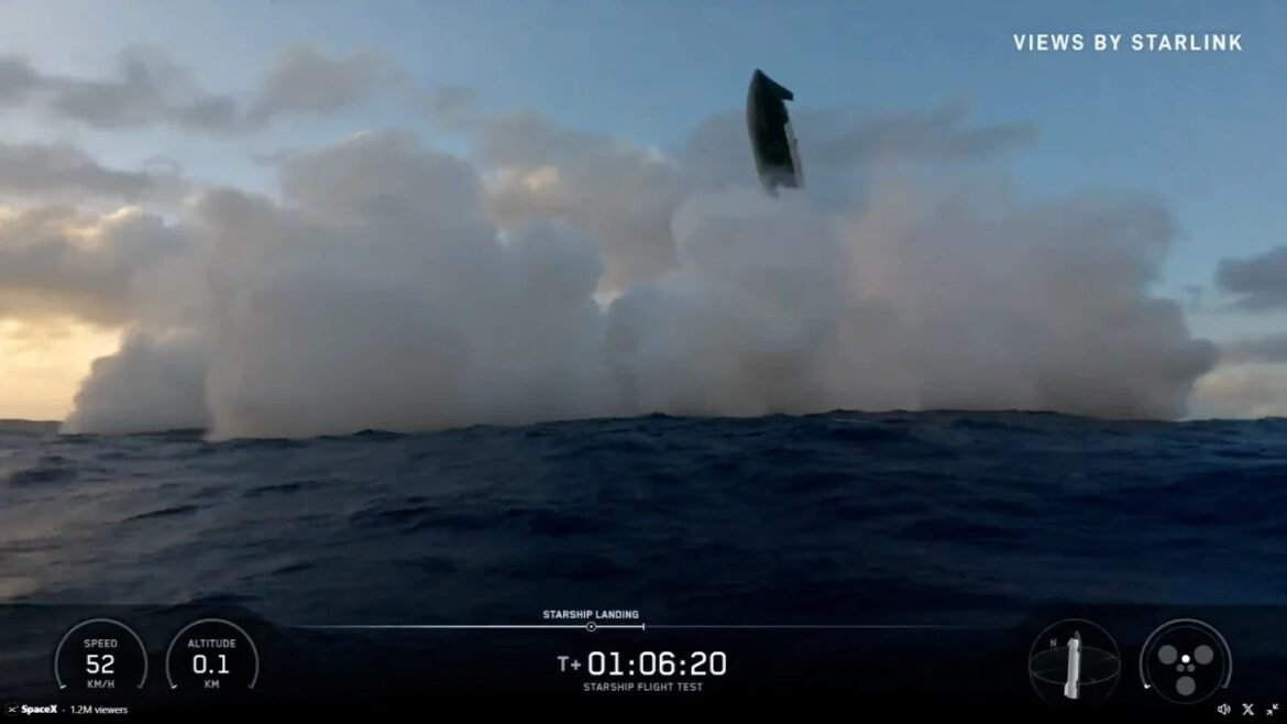 Starship landing test over the ocean; a rocket is in the air above a large water vapor plume, timer reads T+01:06:20 (Views by Starlink).