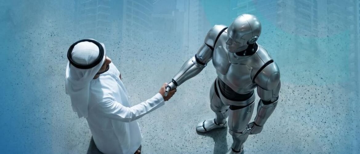 Man in a white thobe shakes hands with a silver humanoid robot in a futuristic setting, symbolizing human-robot collaboration.