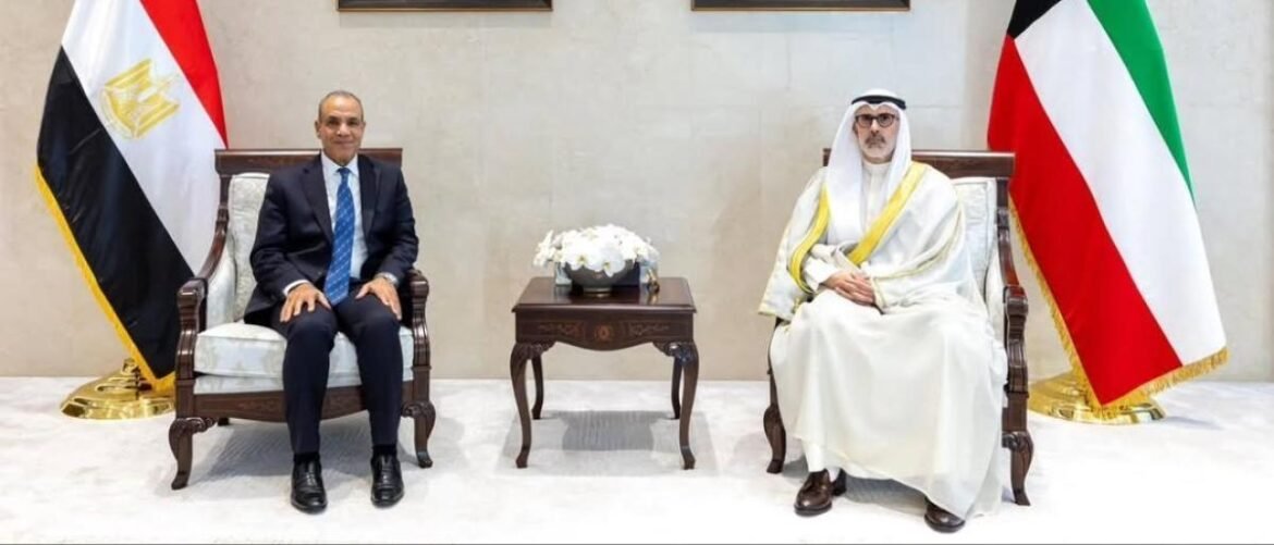 Two world leaders sit in ornate chairs for a formal meeting, with a small table and white flowers between them, flanked by Egyptian and Kuwaiti flags in the background.