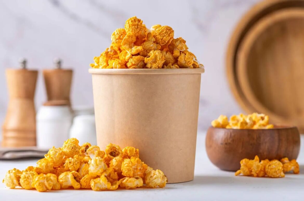 Popcorn overflowing from a brown paper cup onto a white surface, ready to snack.