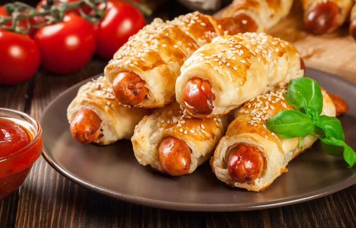 Flaky sausage-wrapped pastries on a dark plate, sprinkled with sesame seeds and a sprig of basil nearby.
