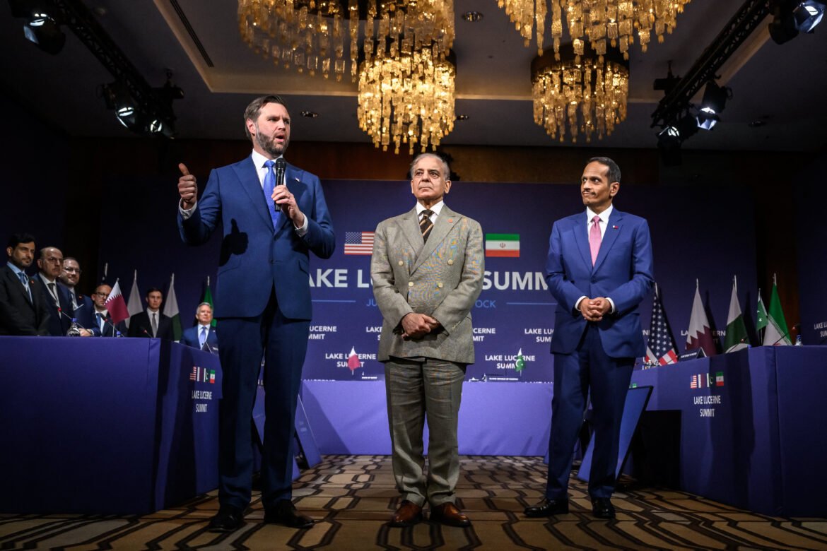 Three male dignitaries on a stage at a formal summit, with multiple national flags and a blue backdrop reading 'Lake Lucerne Summit'.