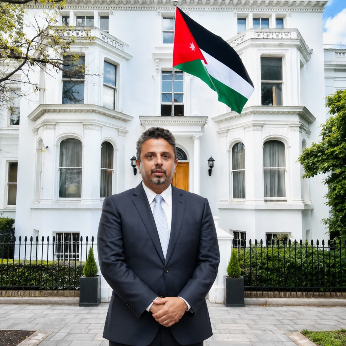 Man in a dark suit with light blue tie stands with hands clasped in front of a white, ornate townhouse, a Jordan flag flying overhead.