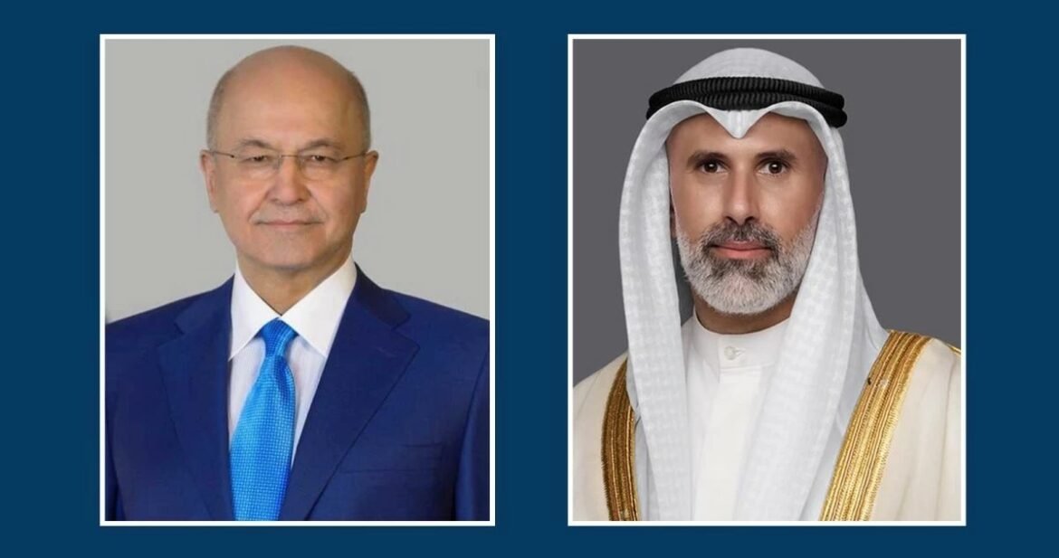Two portraits side by side on a dark blue background: left a bald man in a navy suit with a blue tie, right a man in traditional white kandura with a ghutra and gold trim.