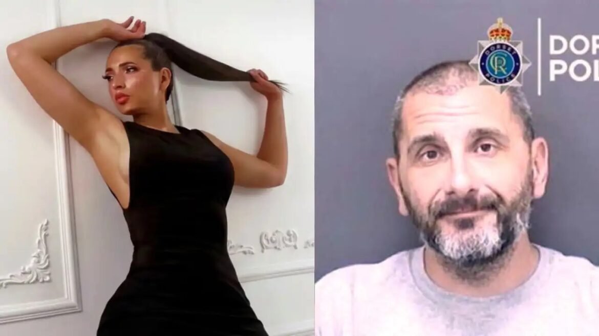 Split image: left a woman in a form-fitting black dress striking a pose with one arm raised and holding her ponytail; right a man with short hair and gray beard smiling in front of a gray backdrop with a crest/logo at the top corner.