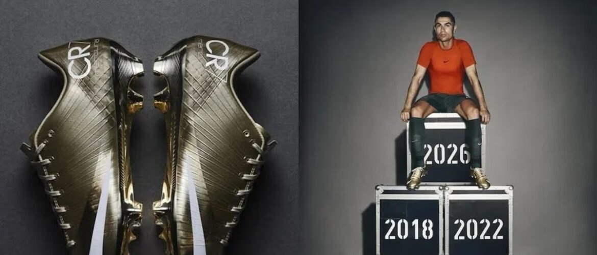 Split image: left side shows metallic gold soccer cleats facing each other on a dark background; right side shows a man in a red shirt sitting atop stacked crates labeled 2018, 2022, and 2026, suggesting a timeline or progression.