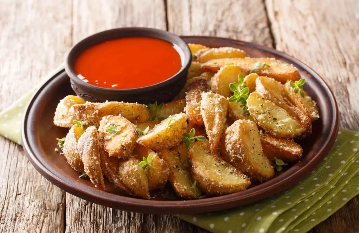 Crispy potato wedges with herbs on a brown plate and a bowl of red dipping sauce on a rustic wooden table.