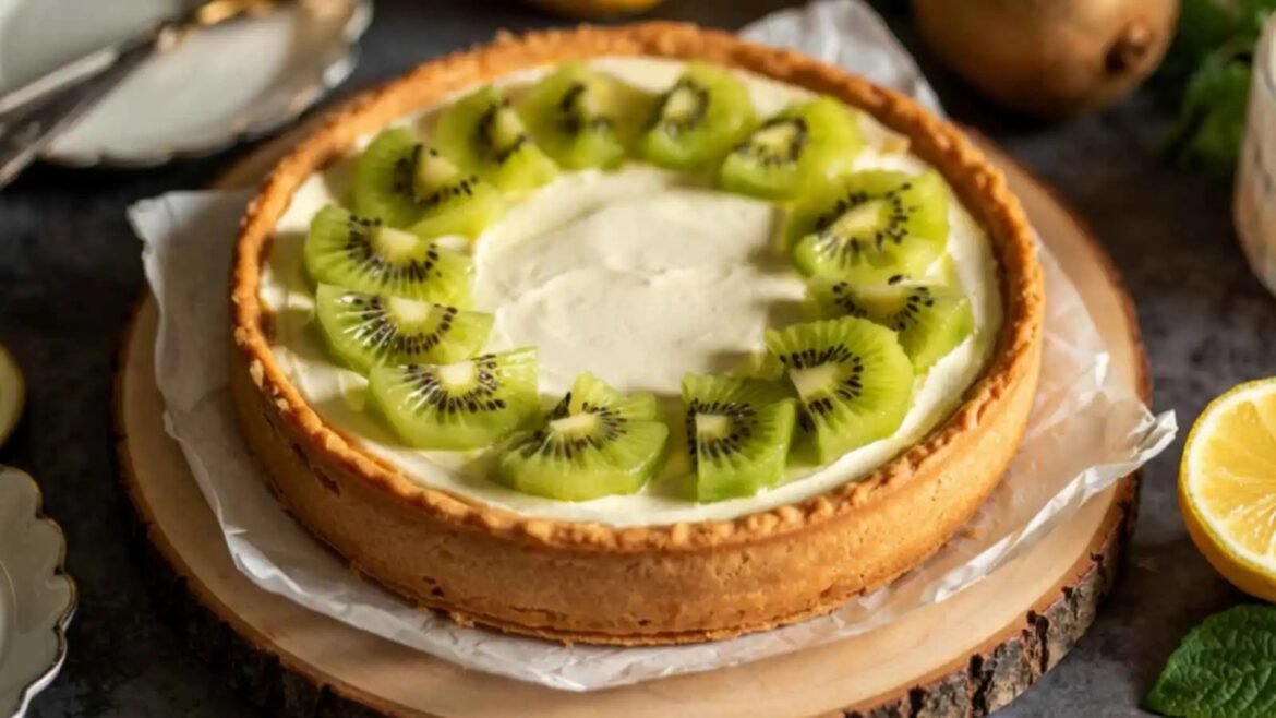 Kiwi-topped cheesecake with green kiwi slices arranged around the edge on a round crusted tart surface at a wooden board.