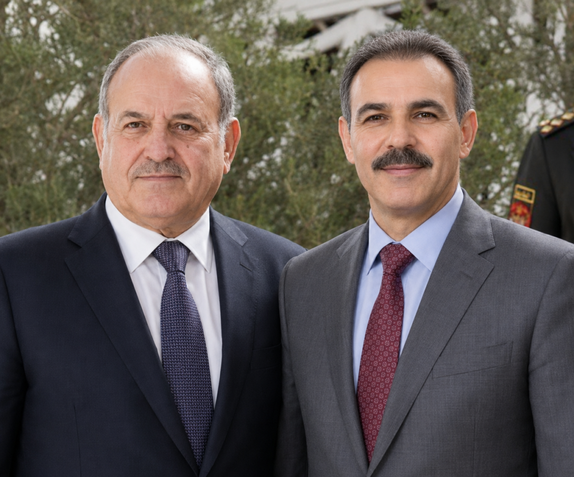 Two men in business suits posing side by side outdoors, smiling at the camera.