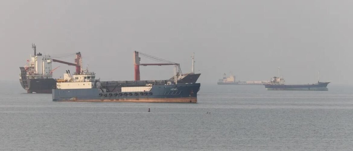 Several large cargo ships anchored on a calm sea, with a bulk carrier in the foreground and cranes on its deck.