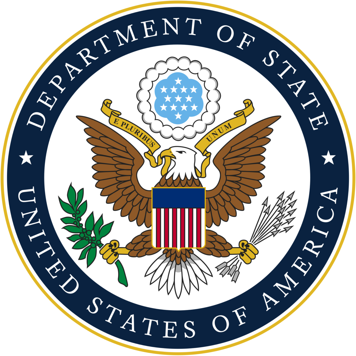 U.S. Department of State seal featuring a white eagle with olive branch and arrows inside a blue circular emblem, bordered by gold and text reading Department of State.