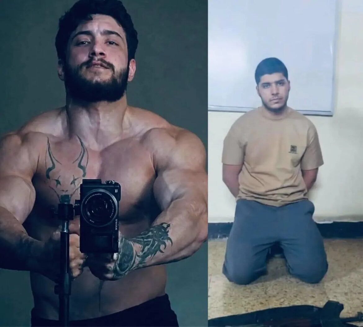 Split image: left side shows a shirtless muscular man with tattoos posing with a camera mounted on a tripod; right side shows a man kneeling against a wall with hands behind his back, wearing a beige t-shirt and blue pants.