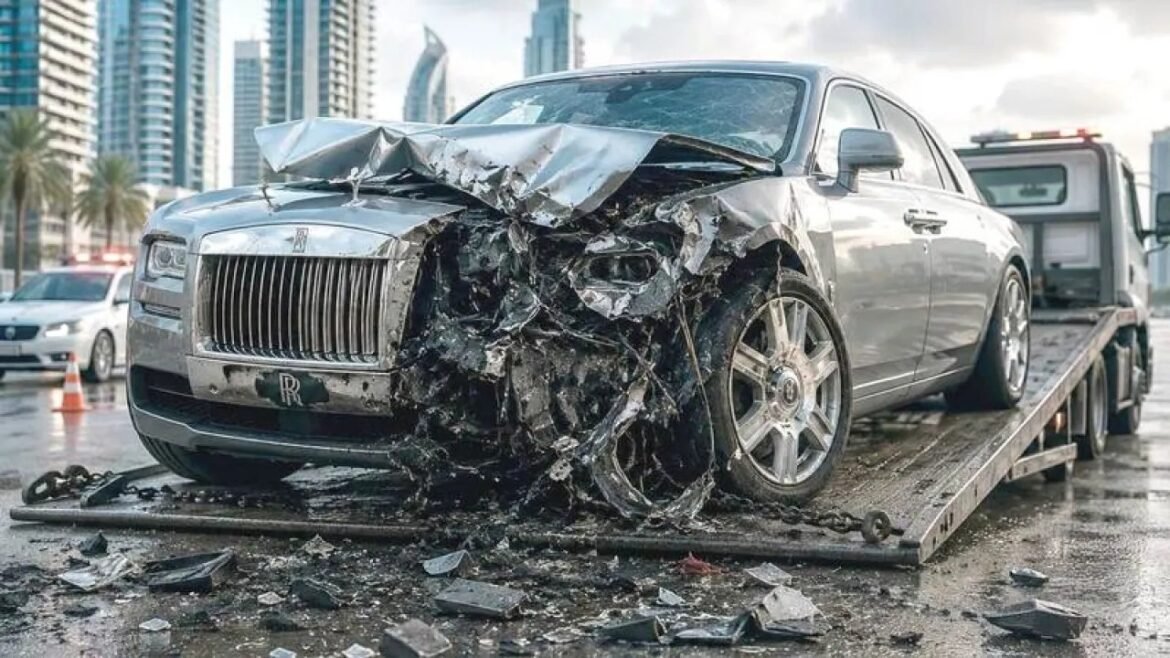 Silver Rolls-Royce with severe front-end damage loaded on a flatbed tow truck in a city street