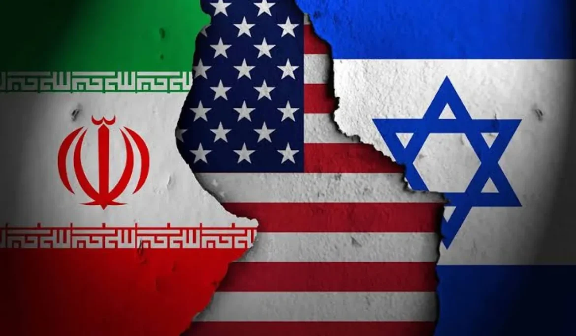 Composite flag image: Iran on the left, Israel on the right, with a torn center revealing the U.S. flag, symbolizing geopolitical tension.