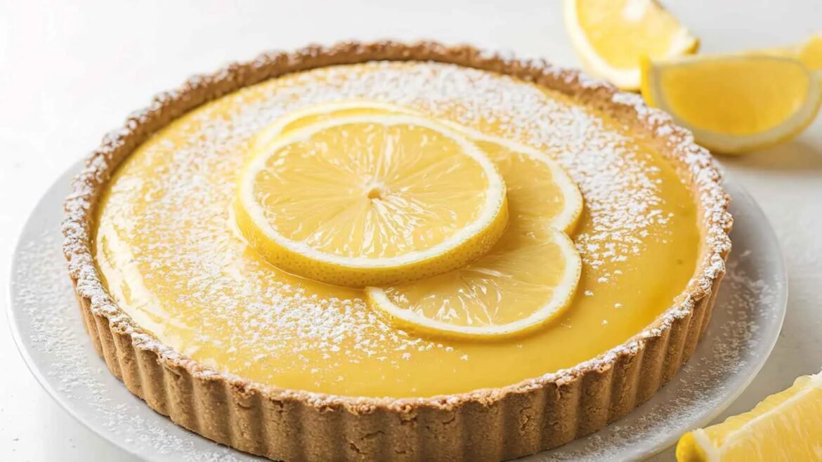 Lemon tart topped with lemon slices and a light dusting of powdered sugar on a plate, crust visible around the edge.