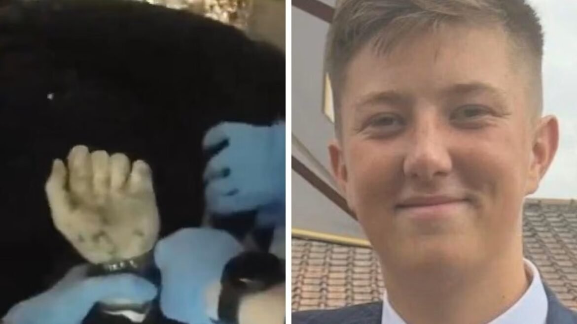 Left panel shows a gloved hand positioned against a dark background. Right panel shows a smiling young man in a suit outdoors, with tiled roof in the background.