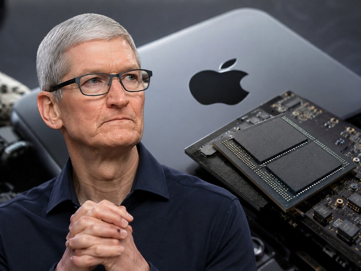 Man with short gray hair and glasses sits beside an Apple-branded laptop and exposed circuit board, looking off to the side with folded hands in front.