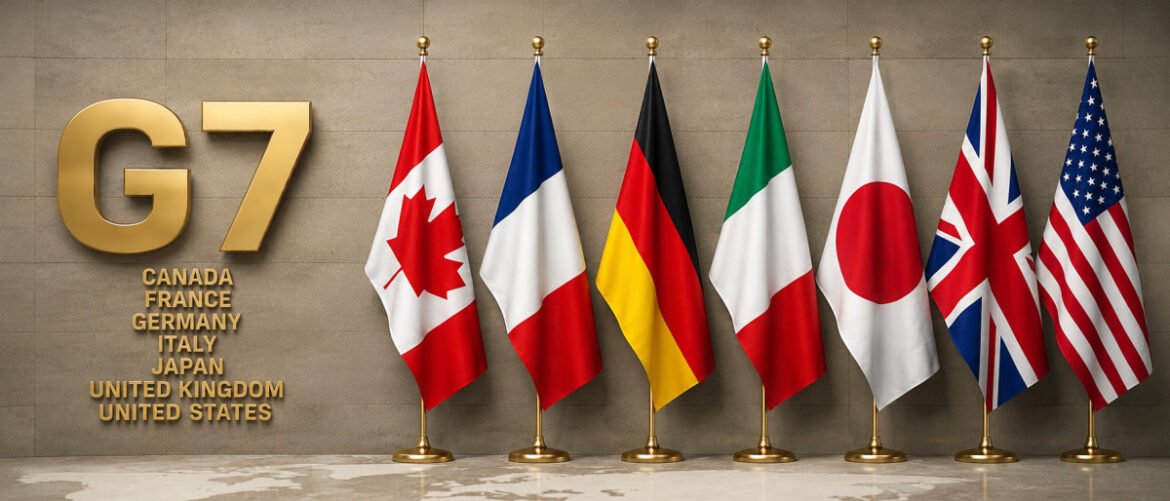 G7 backdrop with seven national flags (Canada, France, Germany, Italy, Japan, UK, United States) lined up beside a gold G7 lettering.