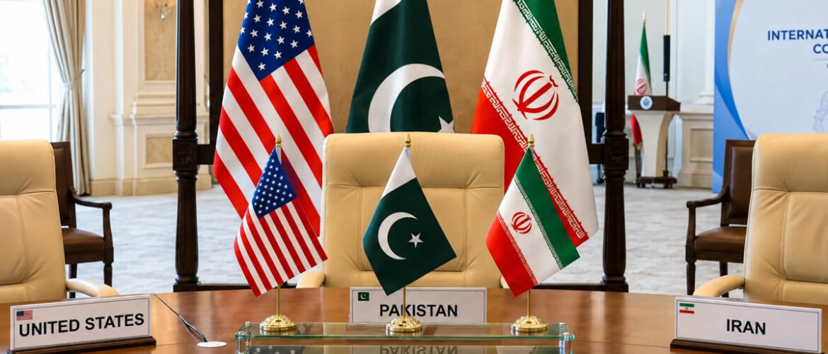 Diplomatic meeting setup with flags of the United States, Pakistan, and Iran behind a glass conference table and country placards.