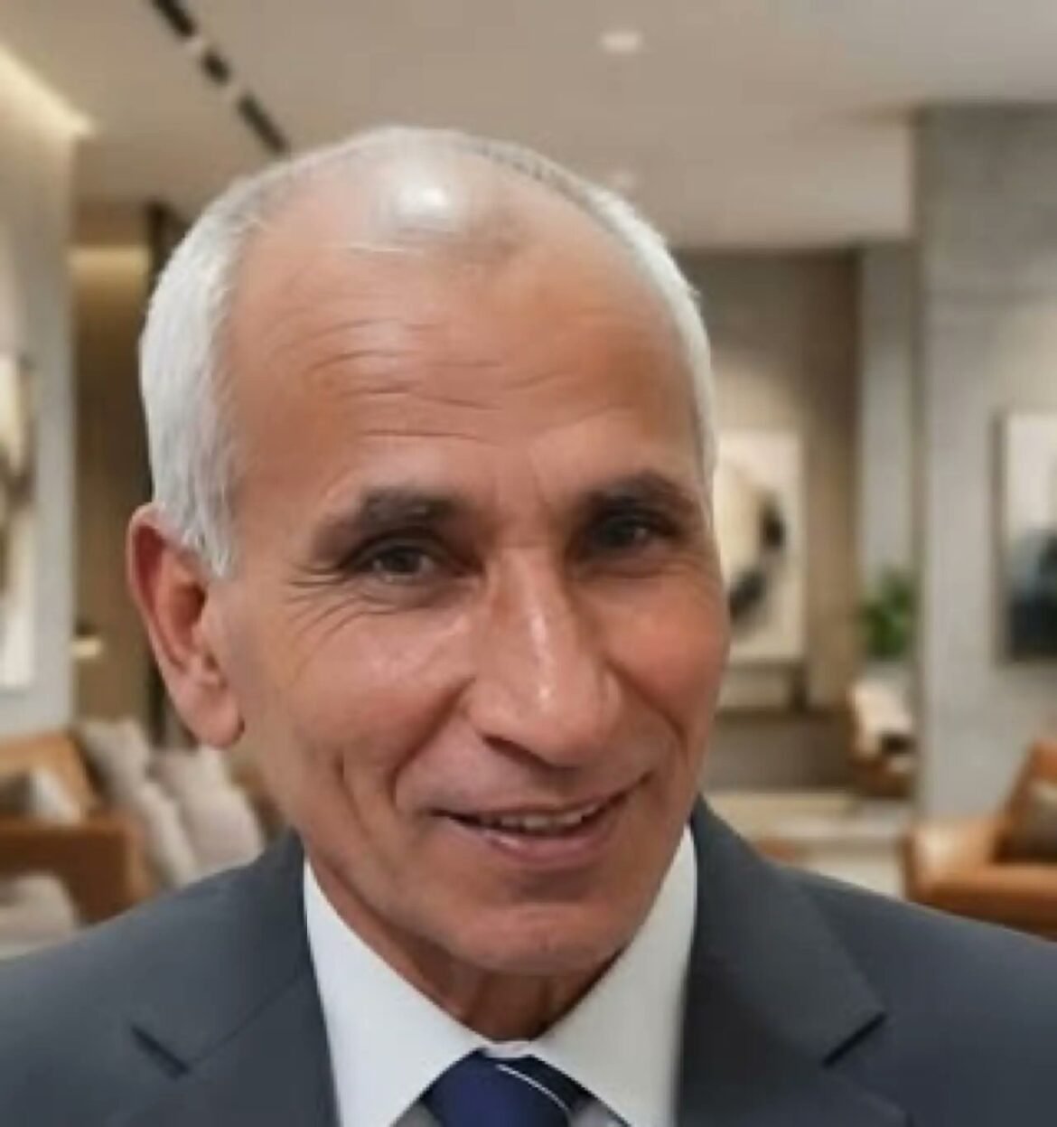 Smiling older man in a dark suit and striped tie, indoors in a lobby setting.