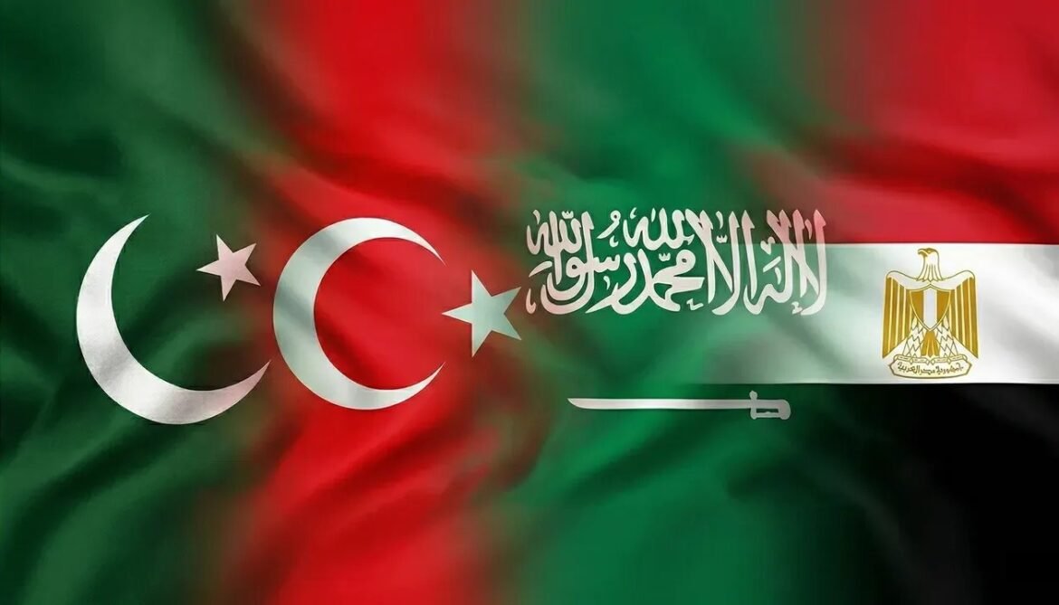 Merged flags of Turkey and Egypt with crescents, stars, Arabic script, the Egyptian coat of arms, and a sword across the banner.