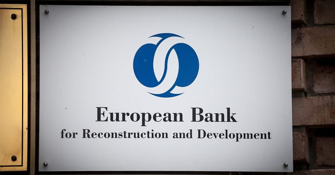 European Bank for Reconstruction and Development sign with blue circular logo on a white plaque