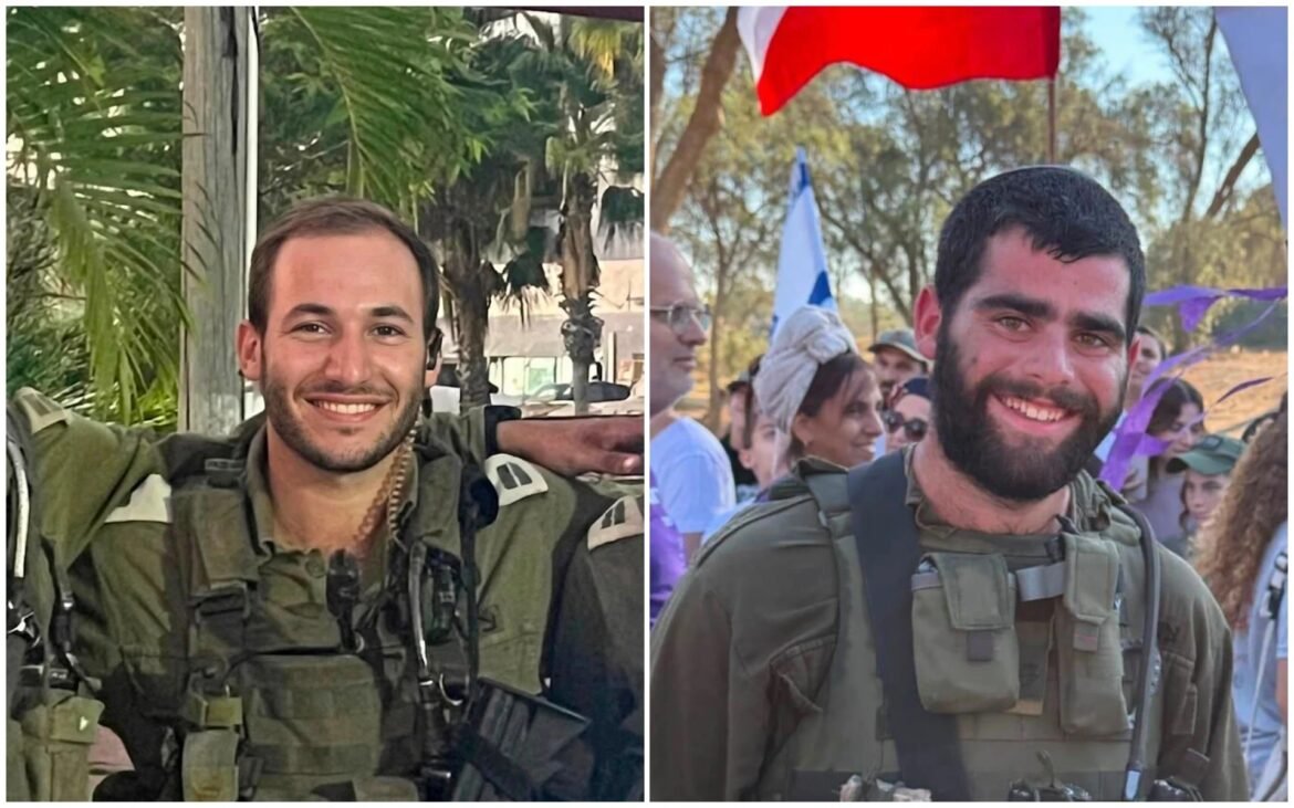 Two smiling men in camouflage uniforms outdoors; left among tropical plants, right at a crowd with flags in the background.
