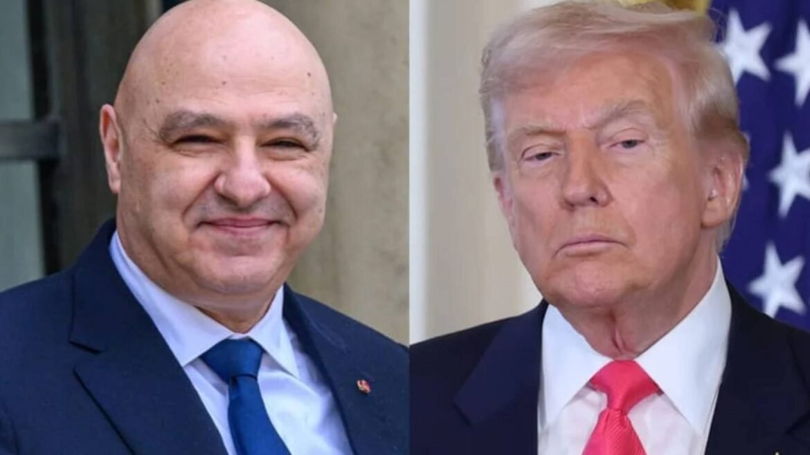Split image showing two men in suits: left is a smiling bald man in a dark suit and blue tie; right is a man with light blonde hair and a pink tie, with an American flag backdrop.