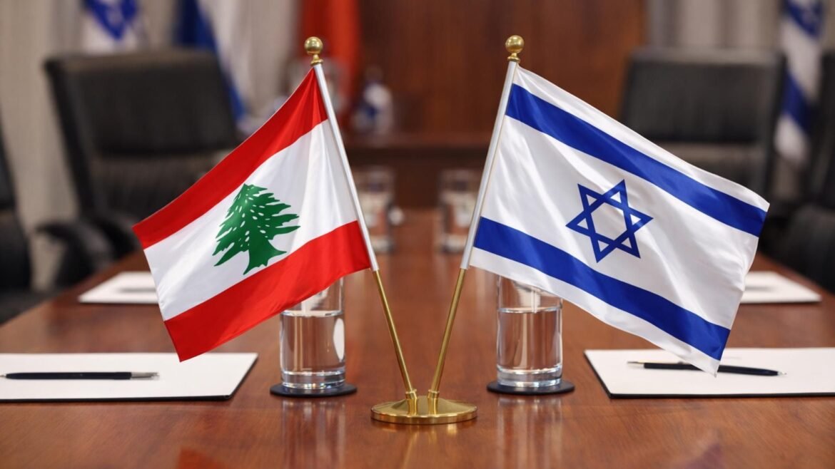 Lebanon and Israel flags displayed on a conference table during a formal meeting setting