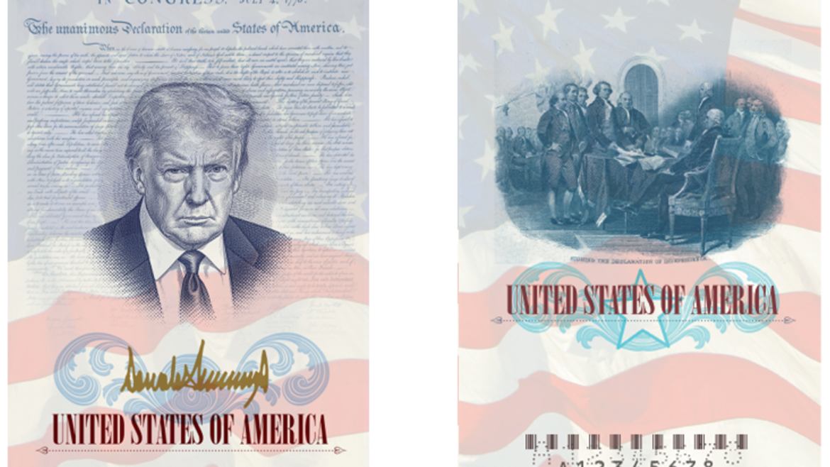 Side-by-side patriotic posters: left shows a stern man's portrait over constitutional text; right shows a founding-era signing scene over an American flag.
