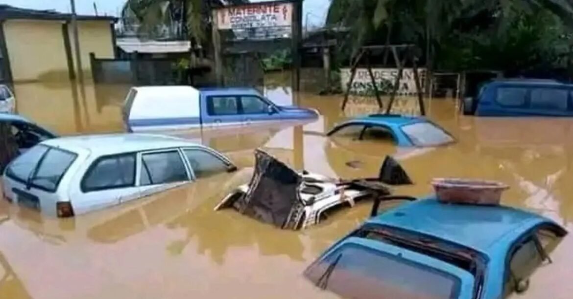 Cars submerged in brown floodwater on a residential street; water reaches door handles and covers parts of vehicles.