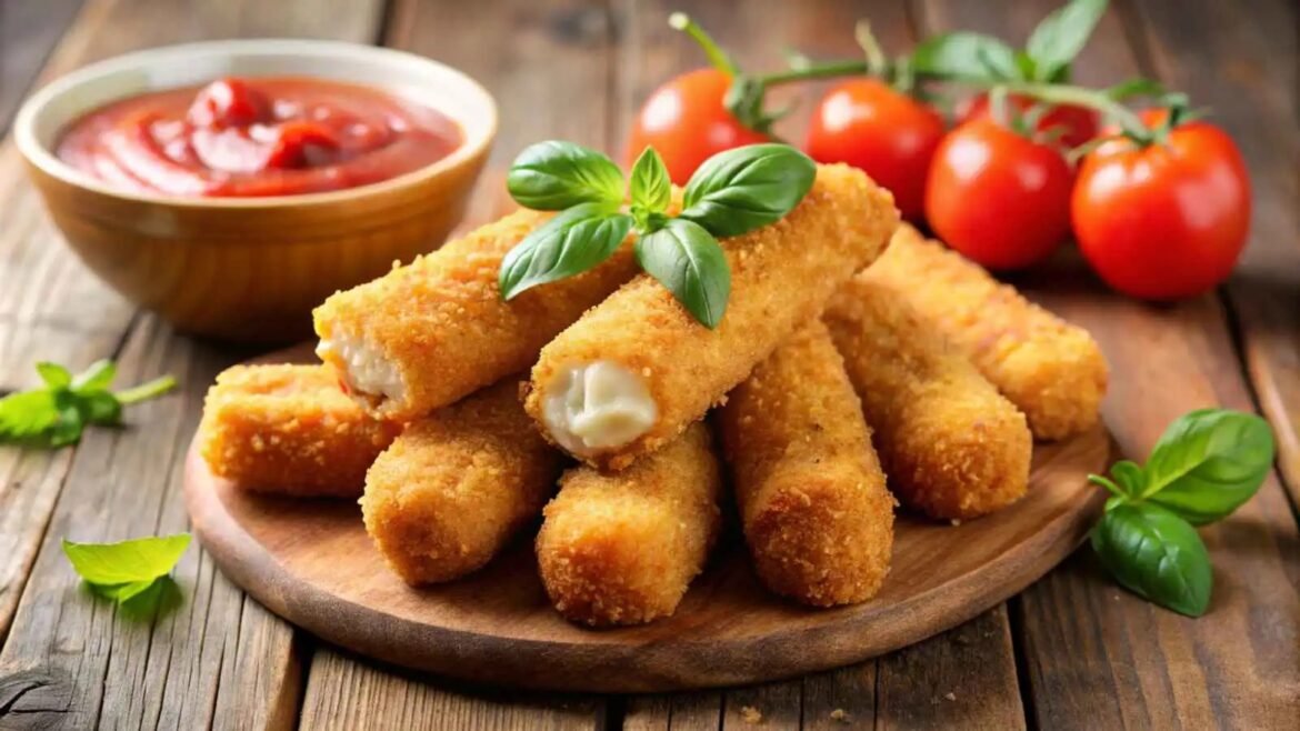 Stack of golden fried mozzarella sticks on a wooden board with a bowl of marinara sauce, fresh basil and cherry tomatoes in the background.