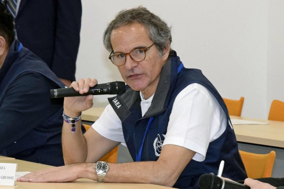 Man with glasses speaking into a handheld microphone at a conference table, wearing a blue vest with an IAEA logo and a white shirt.