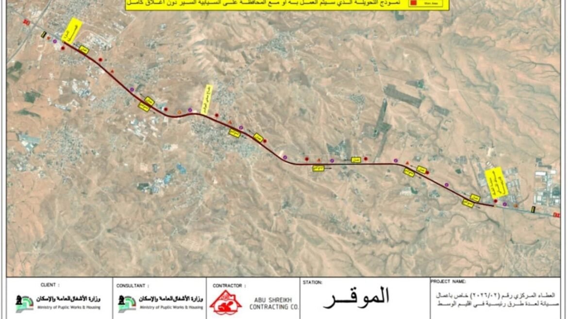 Aerial map of a desert road project with a winding route marked by red line, yellow labels, and red dots, with sponsor logos along the bottom edge.