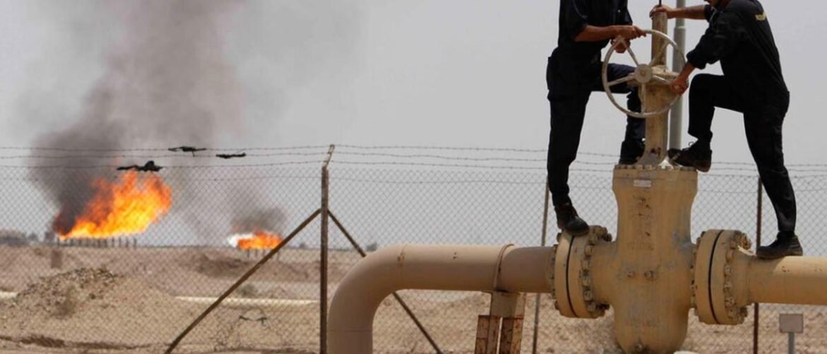 Oil field scene with two workers on a large valve atop a yellow pipeline, flames and smoke visible in the desert background behind a chain-link fence