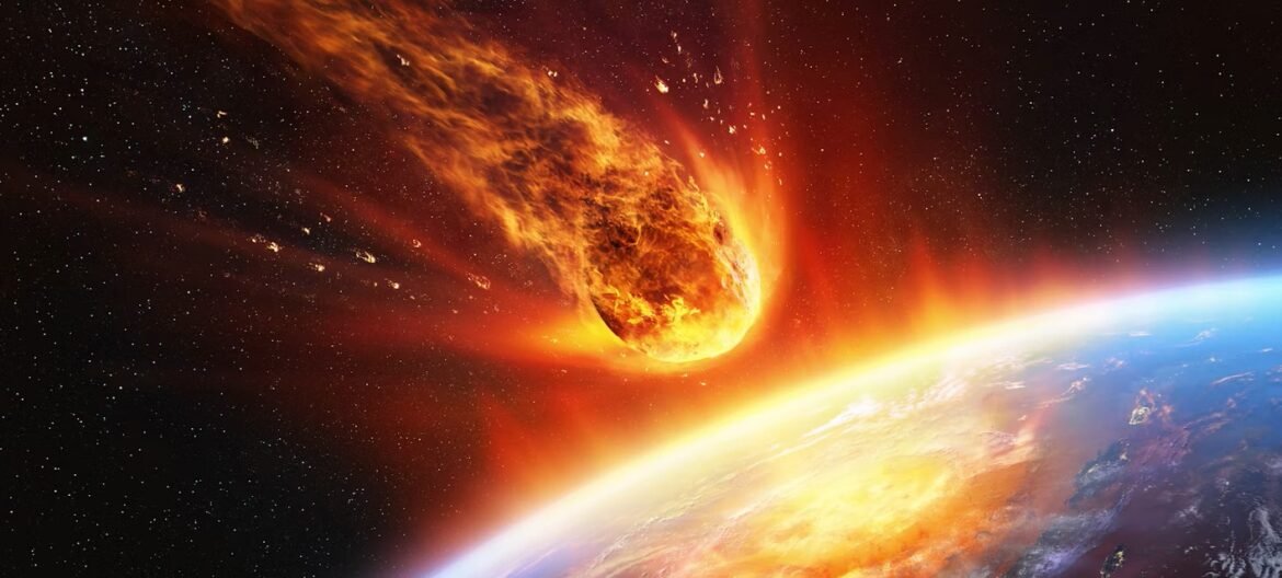 A fiery meteor streaking toward Earth as it enters the atmosphere, with the planet’s curved horizon glowing in orange and blue light.