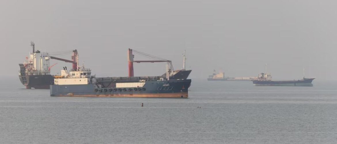 Several large cargo ships on calm water with a hazy horizon in the distance.