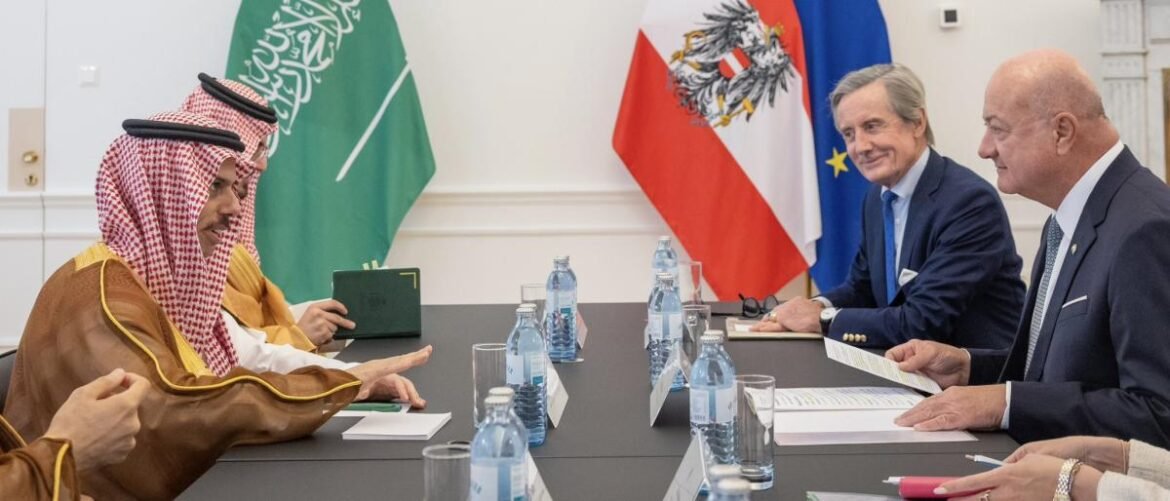 Diplomatic meeting with Saudi officials on the left and European representatives on the right, flags in the background.