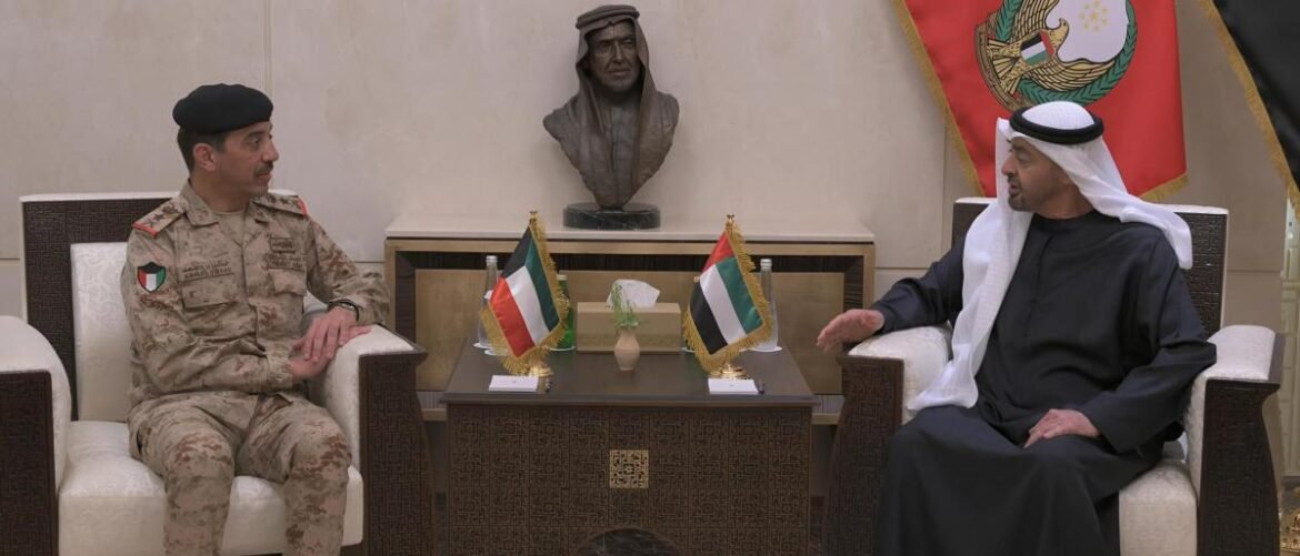 Formal meeting between a military officer and a Gulf official seated in a regal lounge, small flags on the table, bust statue behind them.