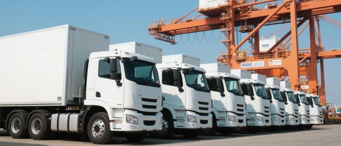 Line of white semi-trailers lined up at a container port with orange gantry cranes overhead.