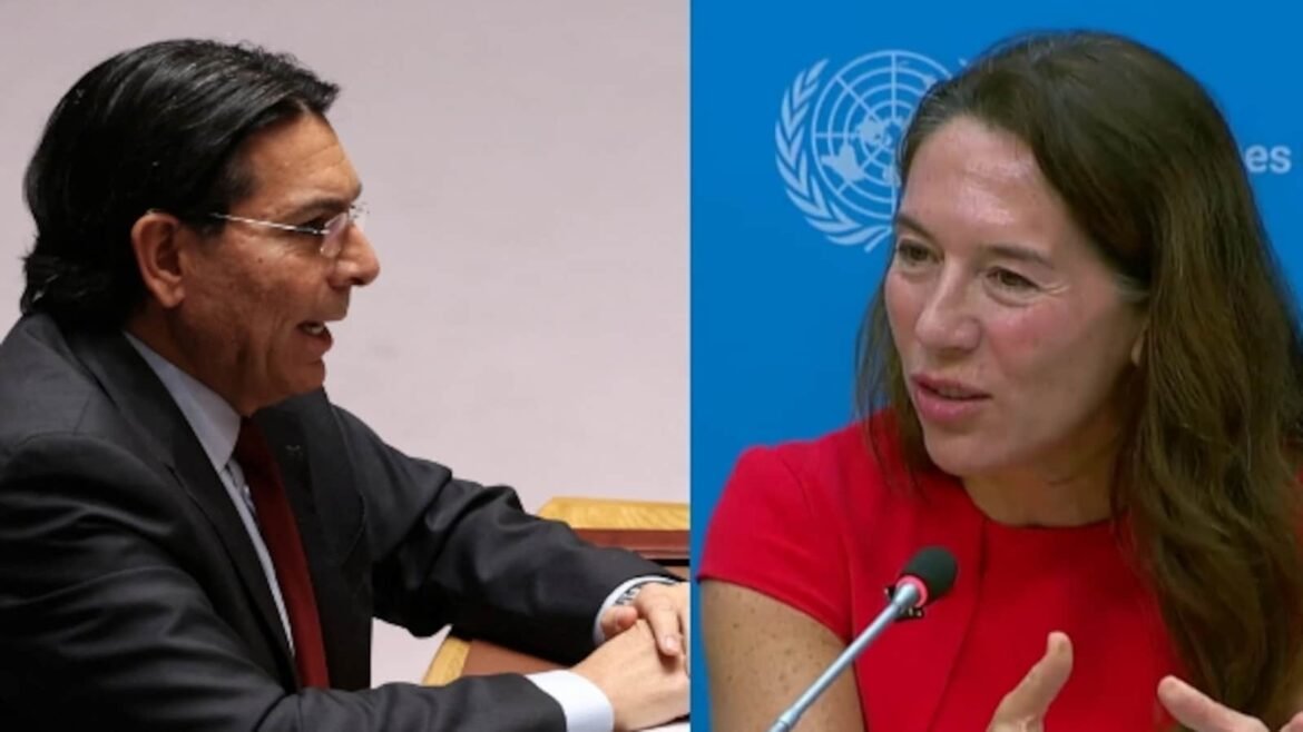 Split-screen of two panelists: a man in a dark suit on the left and a woman in red speaking at a UN event on the right.