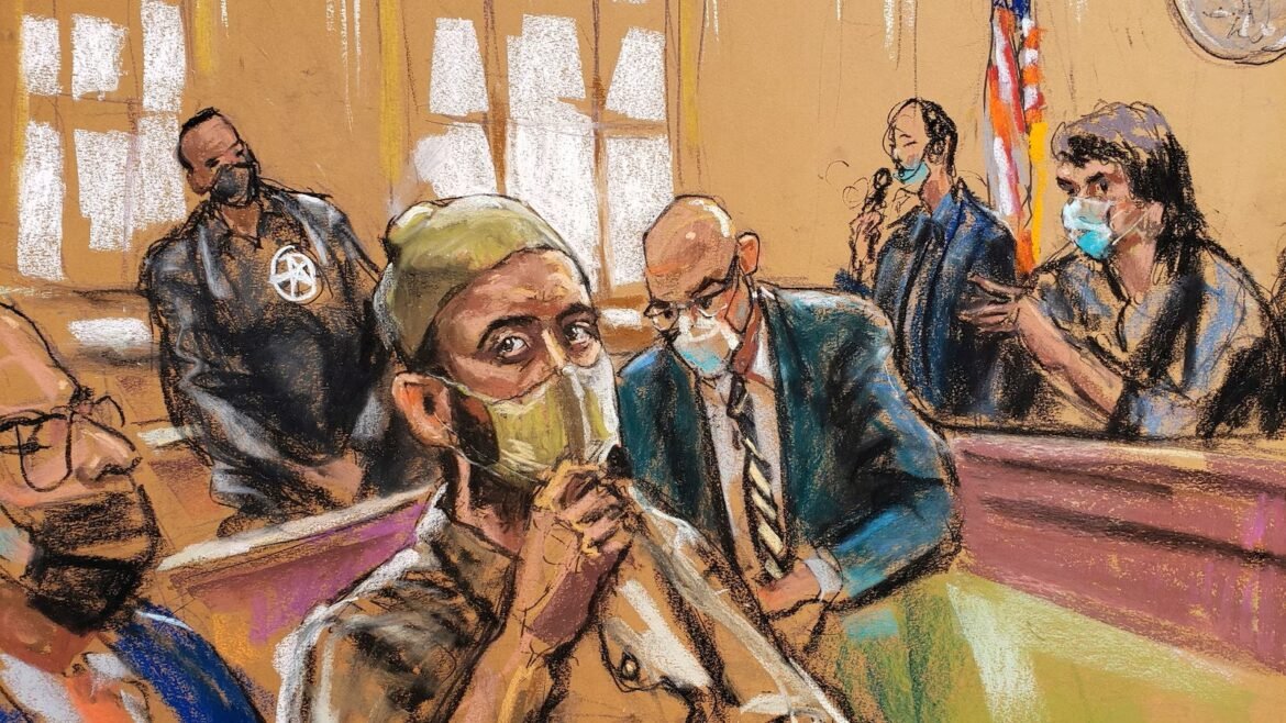 Courtroom sketch: a man in the foreground adjusts his mask while others, all wearing masks, sit or stand in the background at a hearing