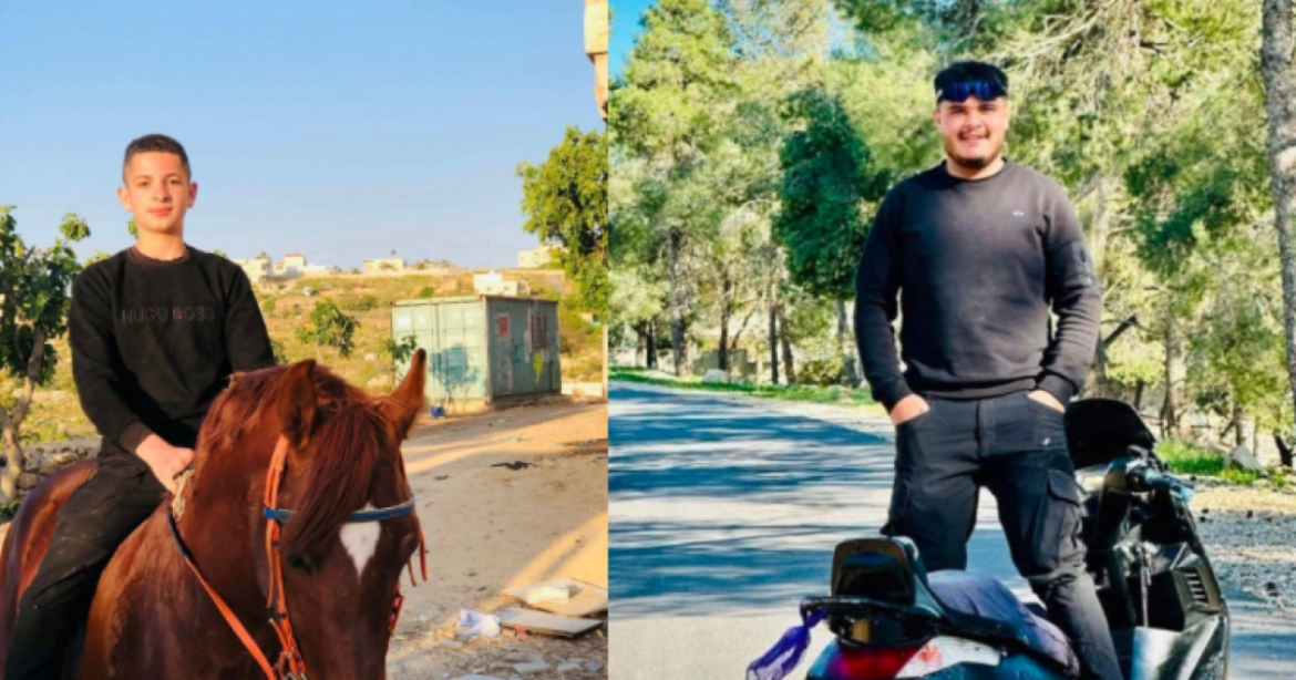 Side-by-side scene: man in black hoodie rides a brown horse on a rural dirt road, with clear sky behind him; a split image shows a second man in a black sweatshirt standing by a parked motorcycle on a tree-lined road toward the right.