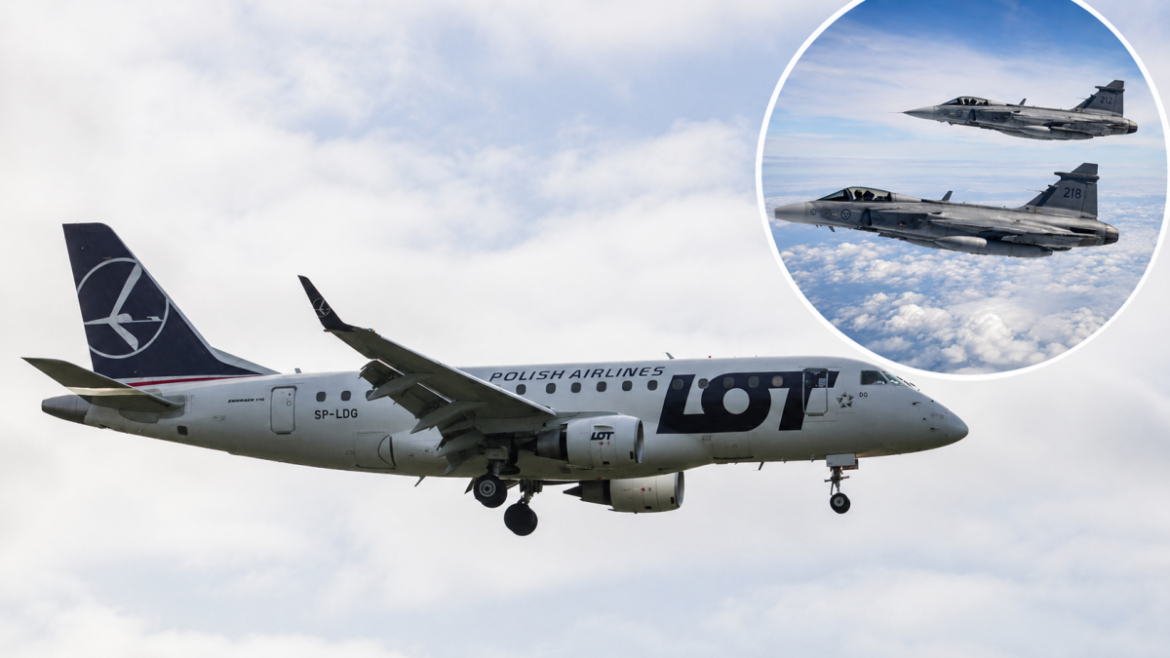 LOT Polish Airlines passenger jet in flight; circular inset shows two fighter jets over clouds.