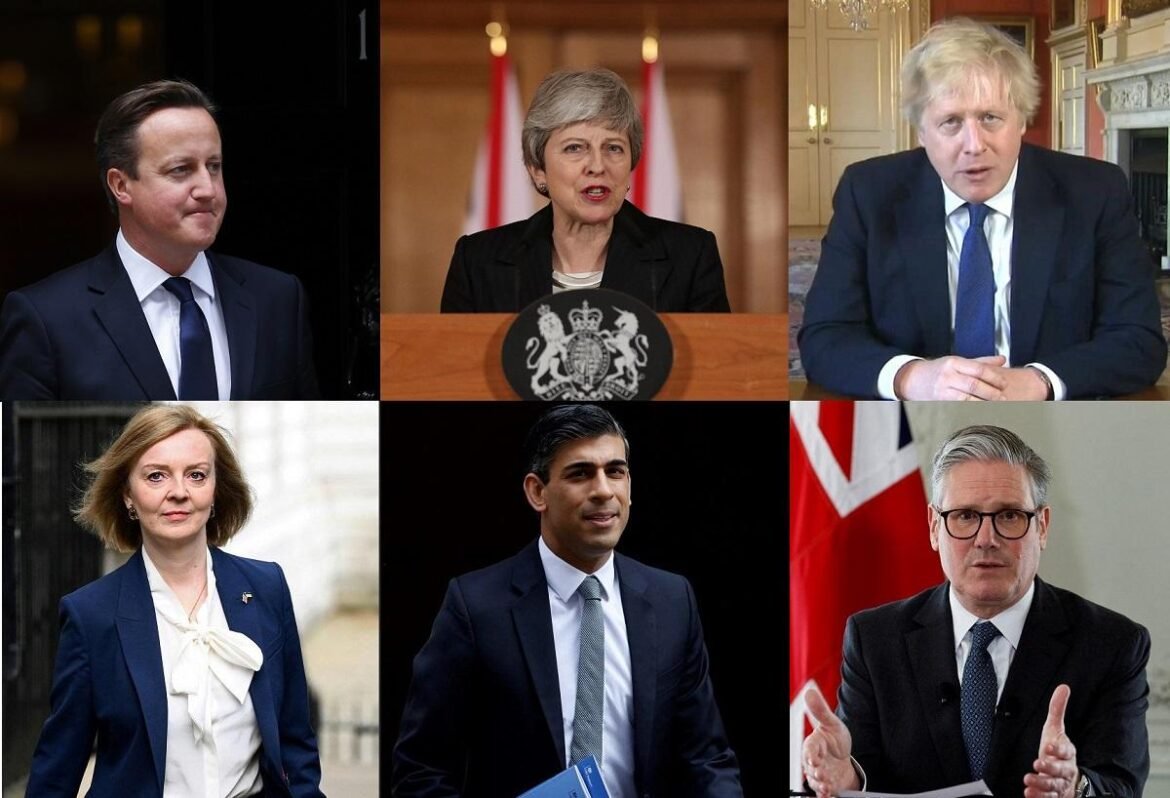 Collage of six politicians in suits, each in formal settings (podium, office, or outdoor backdrop).